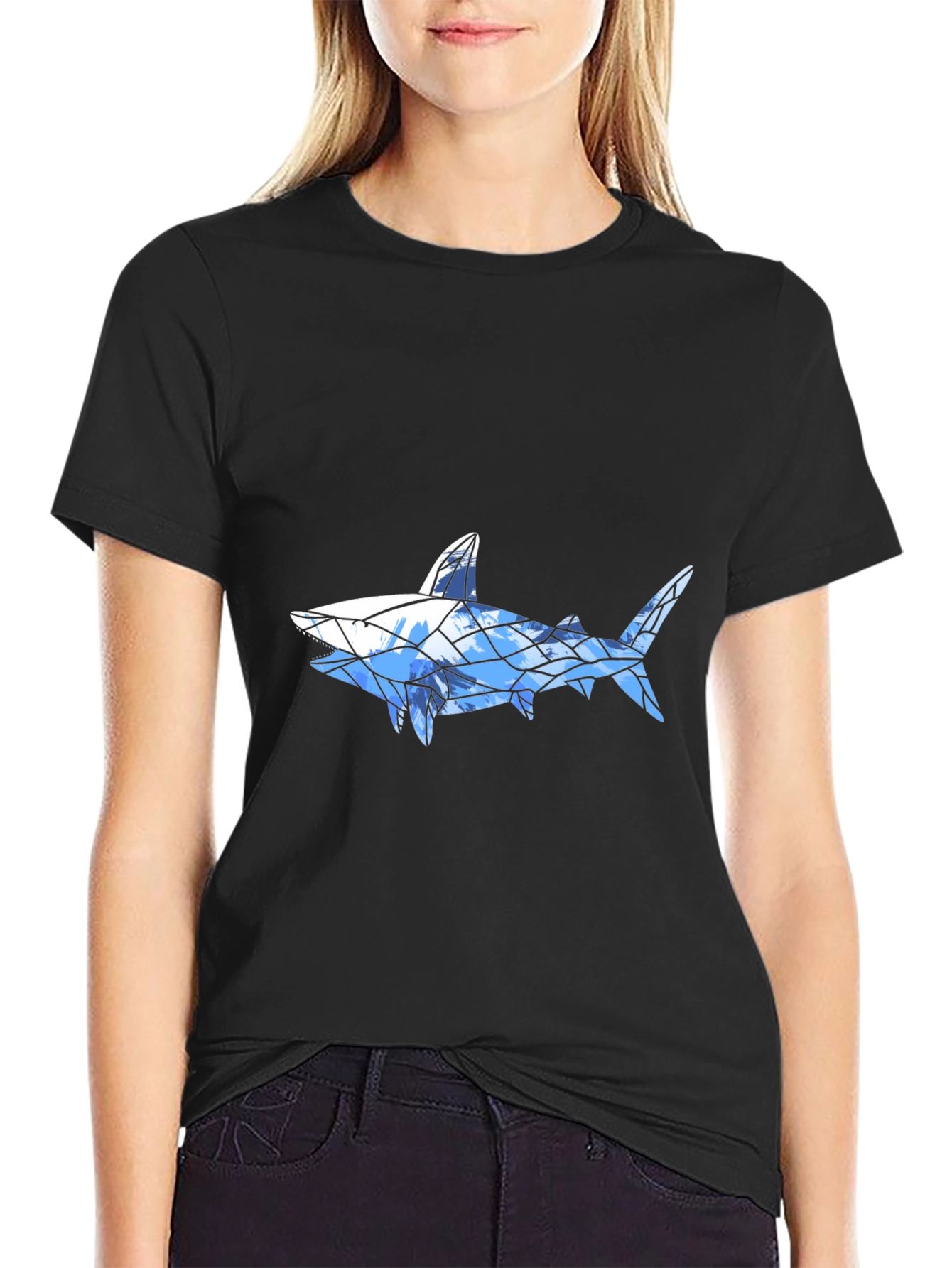 Geometric Shark Graphic Tee - Black Cotton Blend