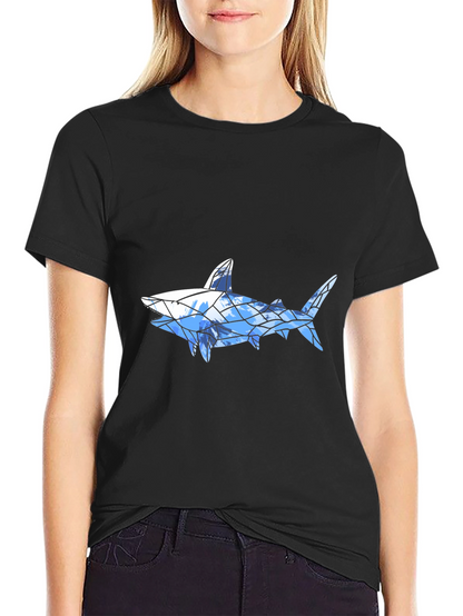 Geometric Shark Graphic Tee - Black Cotton Blend
