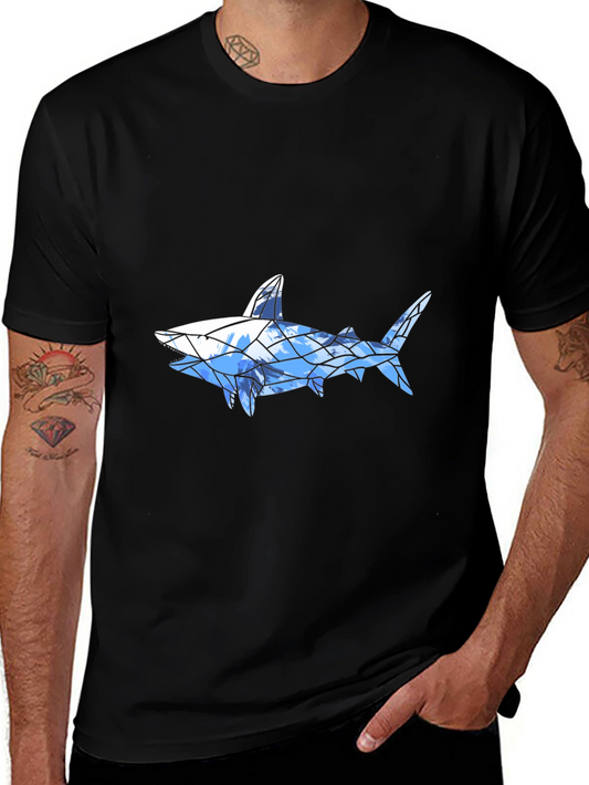 Geometric Shark Graphic Tee - Black Cotton Blend