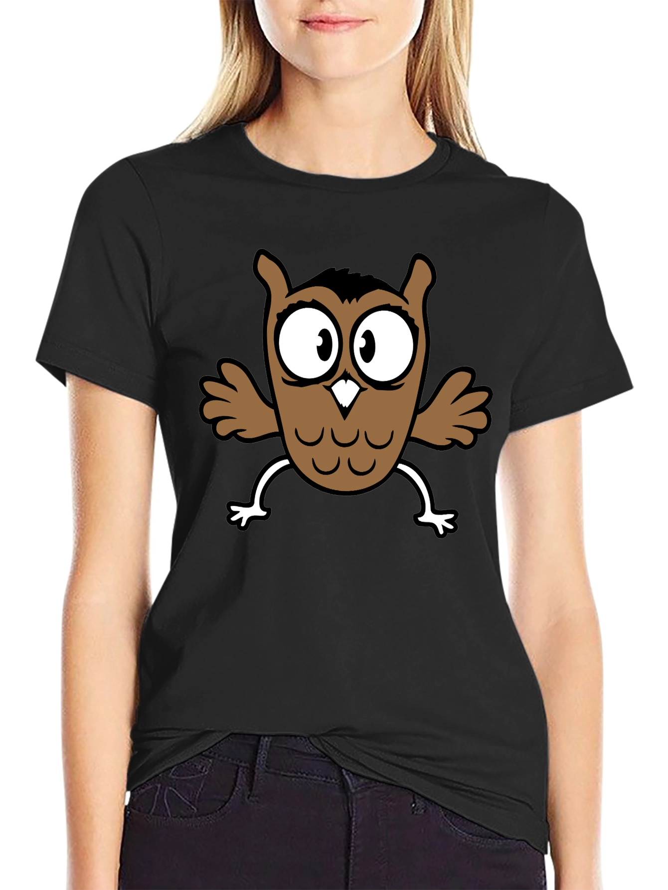 Cartoon Owl Graphic Black T-Shirt