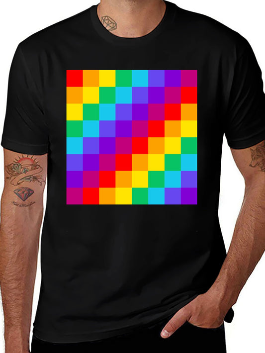 Rainbow Grid Graphic Tee - Vibrant Checkered Pattern
