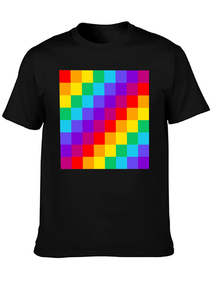 Rainbow Grid Graphic Tee - Vibrant Checkered Pattern