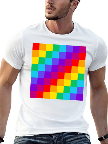 Rainbow Grid Graphic Tee - Vibrant Checkered Pattern