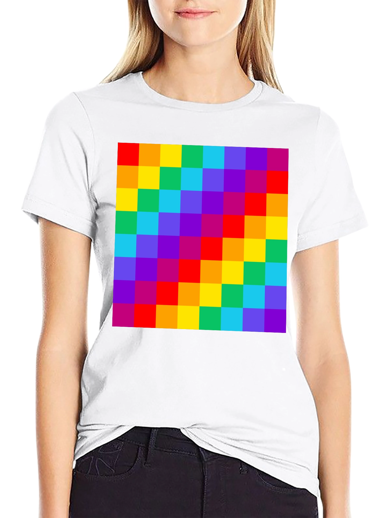 Rainbow Grid Graphic Tee - Vibrant Checkered Pattern