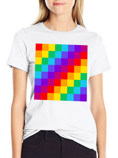 Rainbow Grid Graphic Tee - Vibrant Checkered Pattern