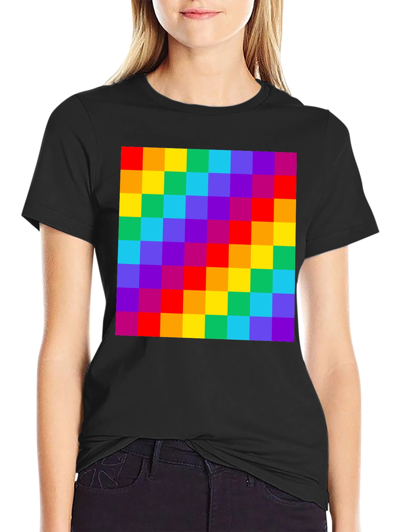 Rainbow Grid Graphic Tee - Vibrant Checkered Pattern