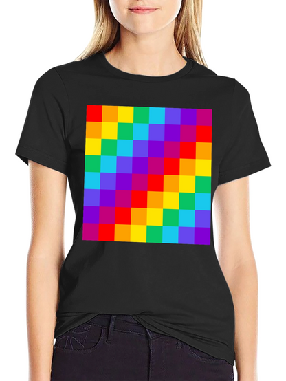 Rainbow Grid Graphic Tee - Vibrant Checkered Pattern