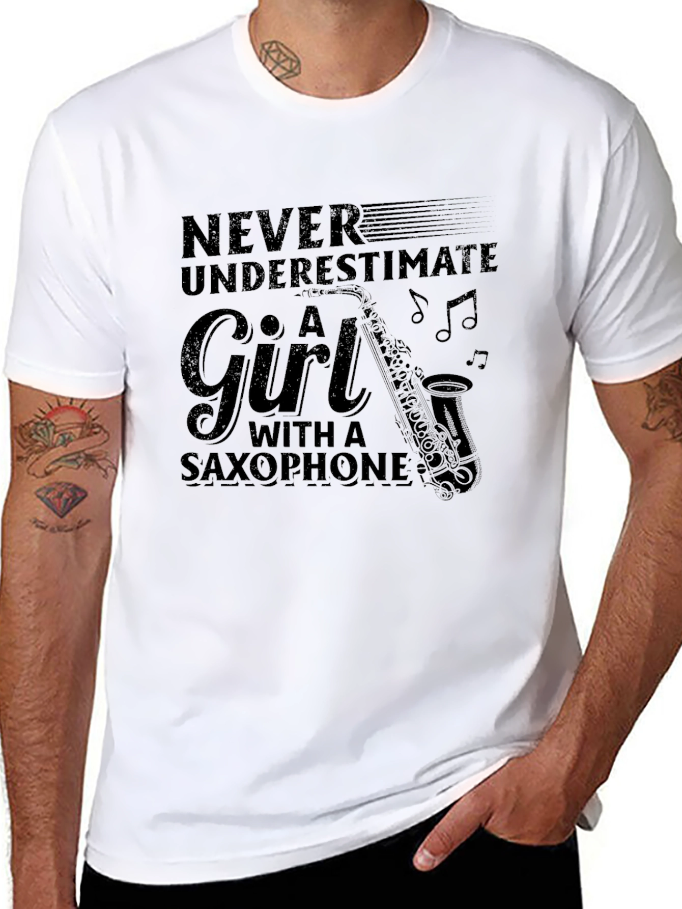 Never Underestimate Girl Saxophone Black T-Shirt