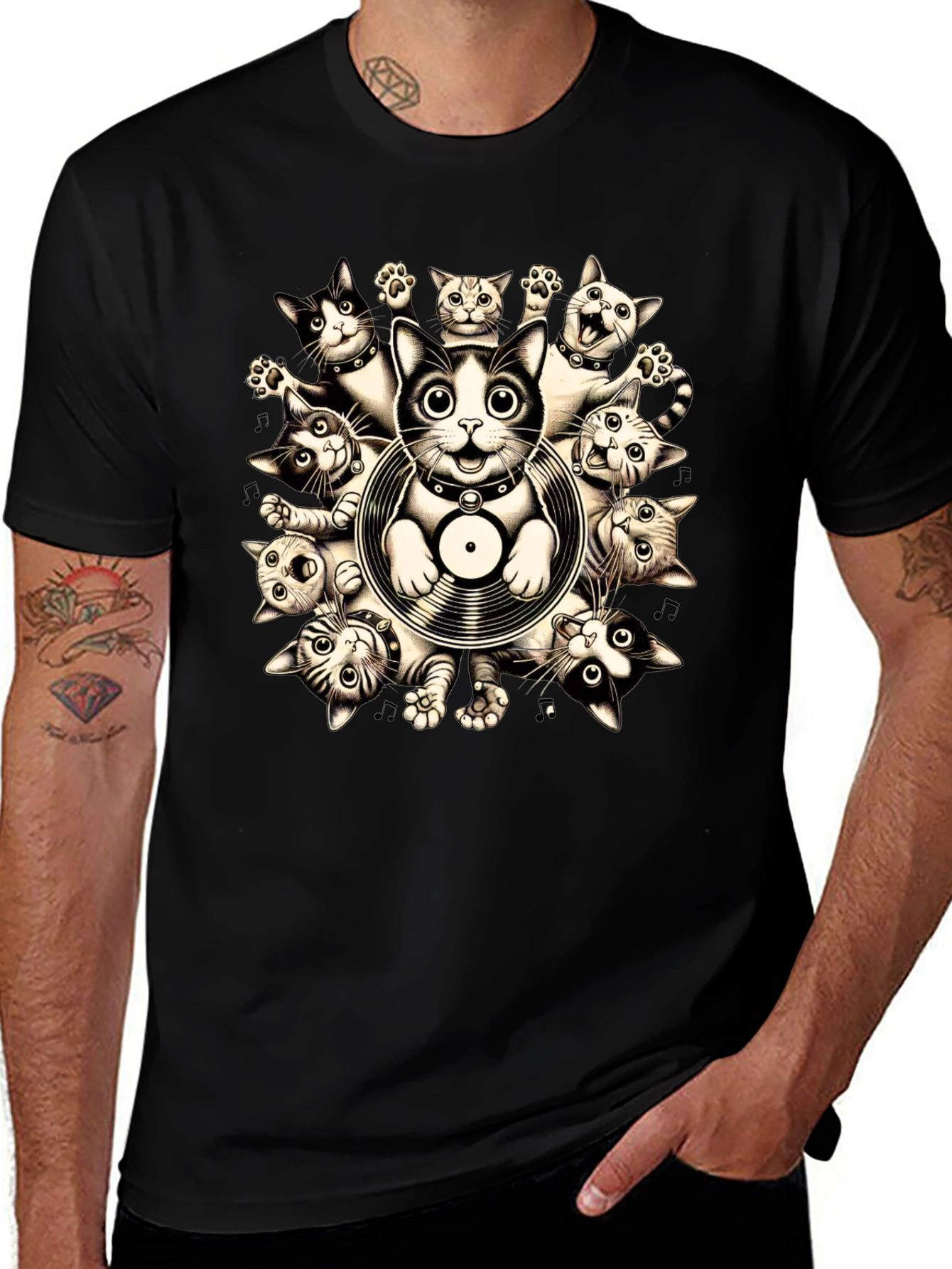 Cats and Vinyl Record Graphic T-Shirt