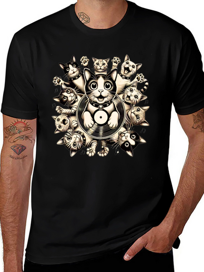 Cats and Vinyl Record Graphic T-Shirt