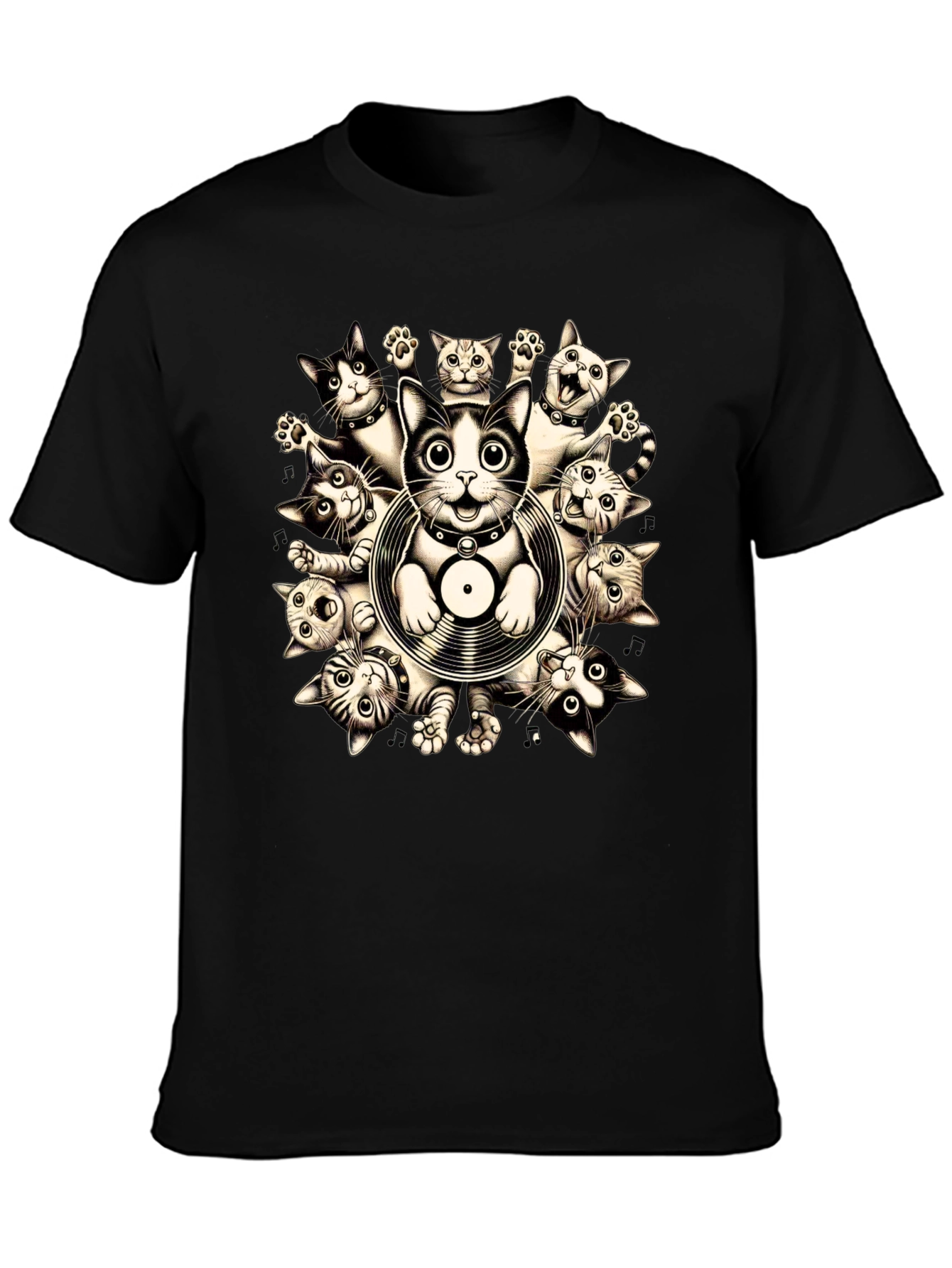 Cats and Vinyl Record Graphic T-Shirt