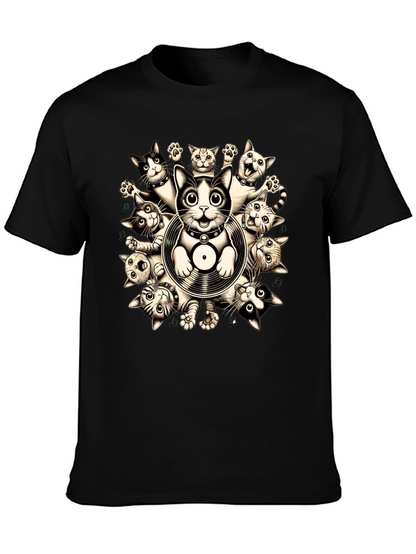 Cats and Vinyl Record Graphic T-Shirt