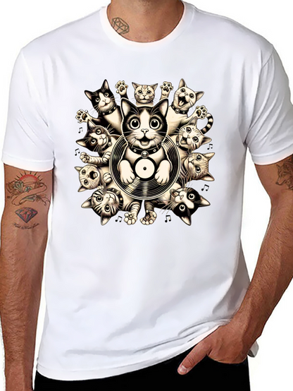 Cats and Vinyl Record Graphic T-Shirt