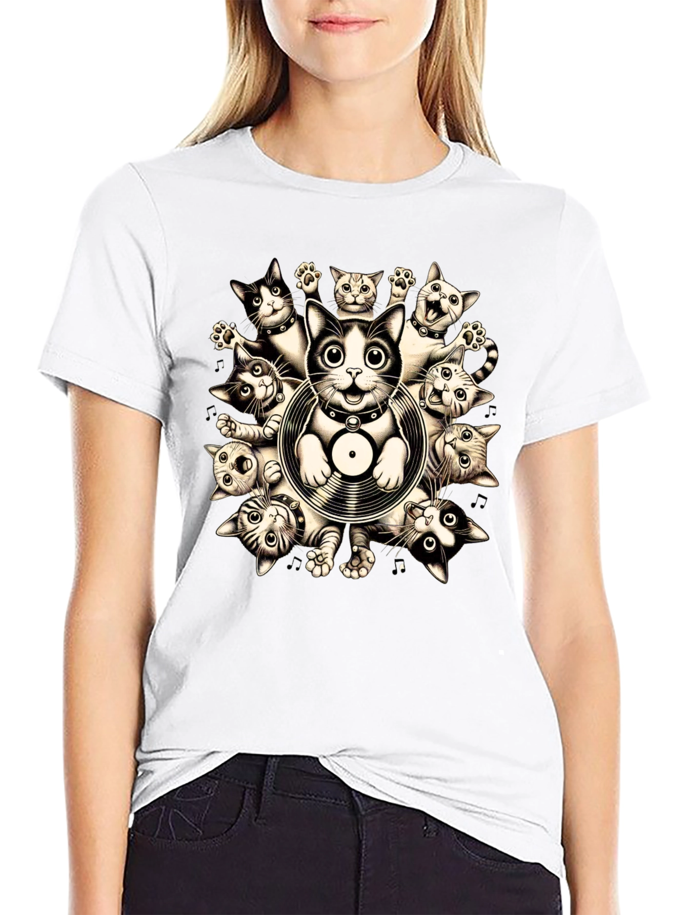 Cats and Vinyl Record Graphic T-Shirt