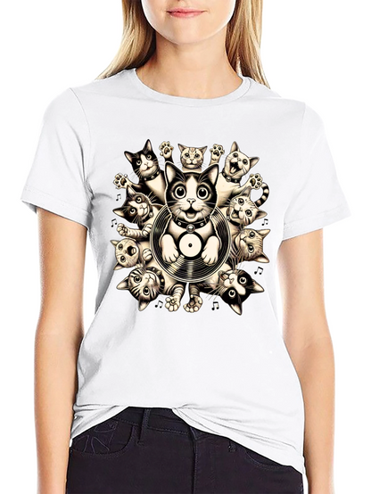 Cats and Vinyl Record Graphic T-Shirt
