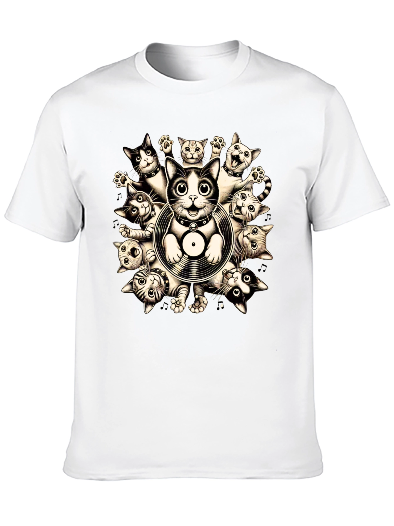 Cats and Vinyl Record Graphic T-Shirt