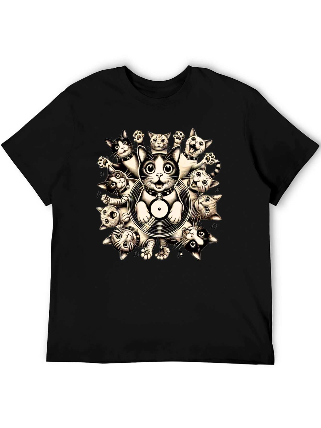Cats and Vinyl Record Graphic T-Shirt
