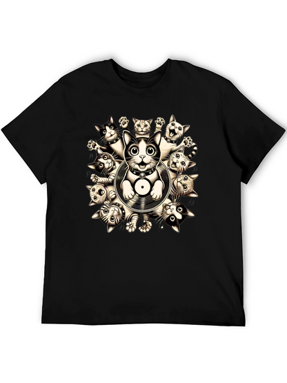 Cats and Vinyl Record Graphic T-Shirt