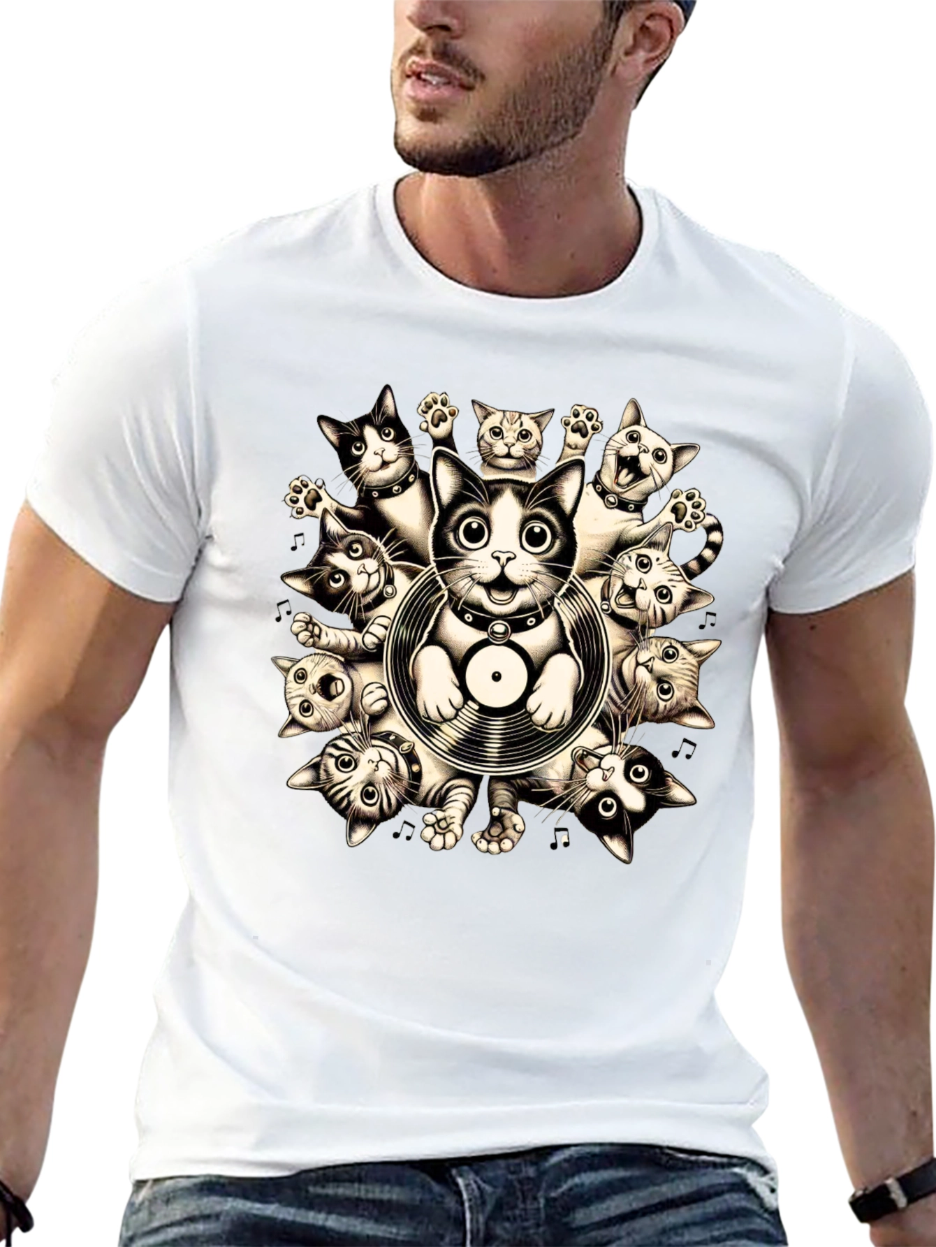 Cats and Vinyl Record Graphic T-Shirt