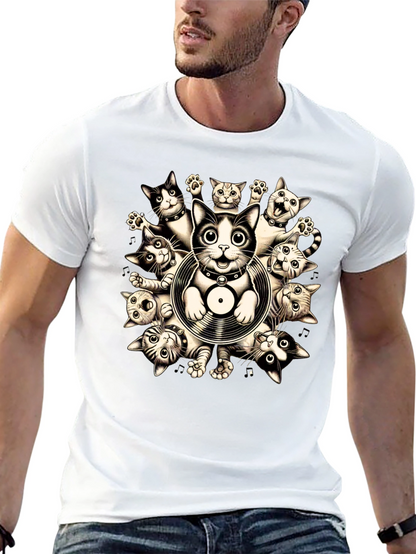 Cats and Vinyl Record Graphic T-Shirt