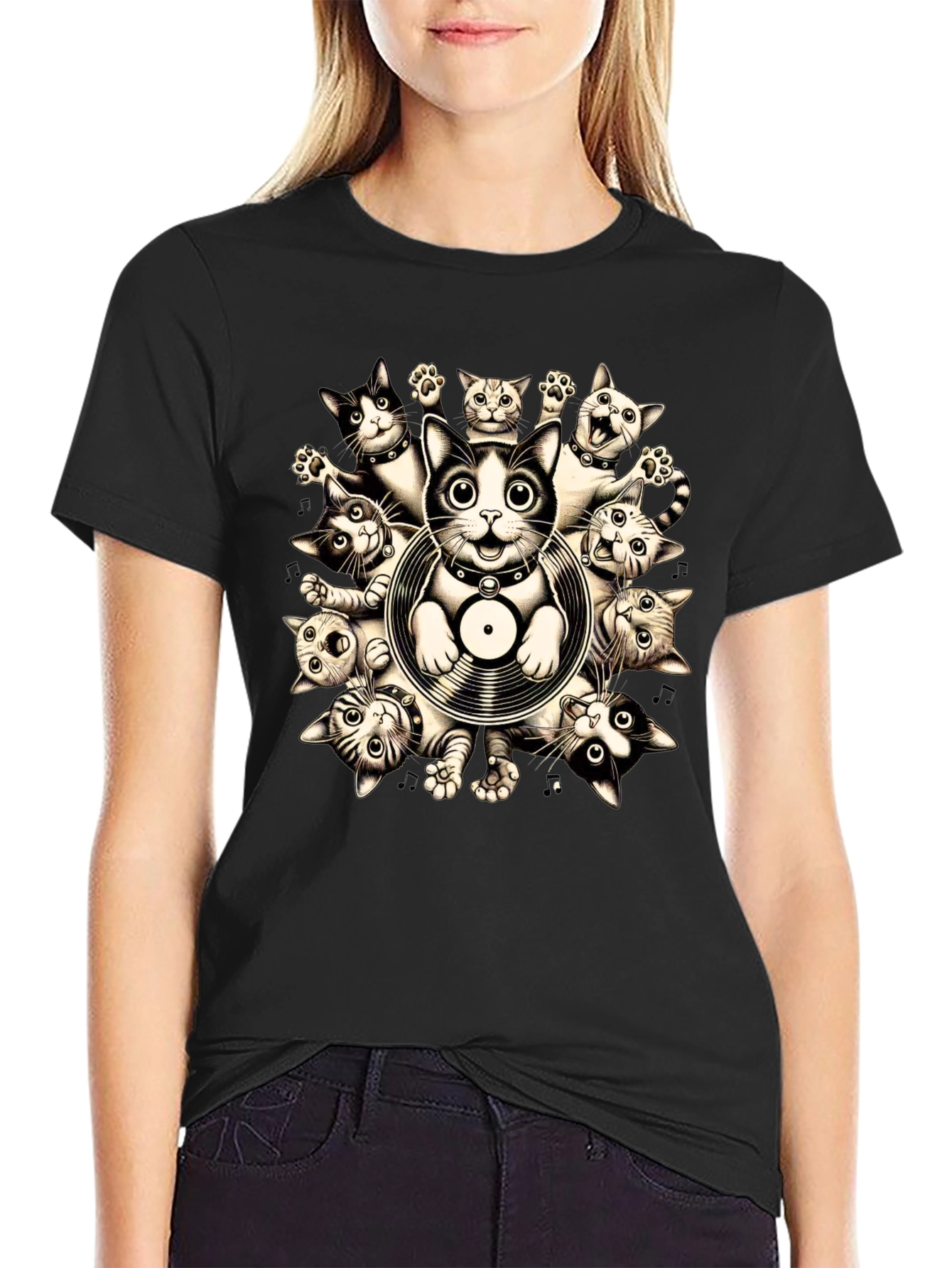 Cats and Vinyl Record Graphic T-Shirt