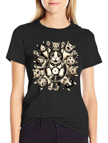 Cats and Vinyl Record Graphic T-Shirt