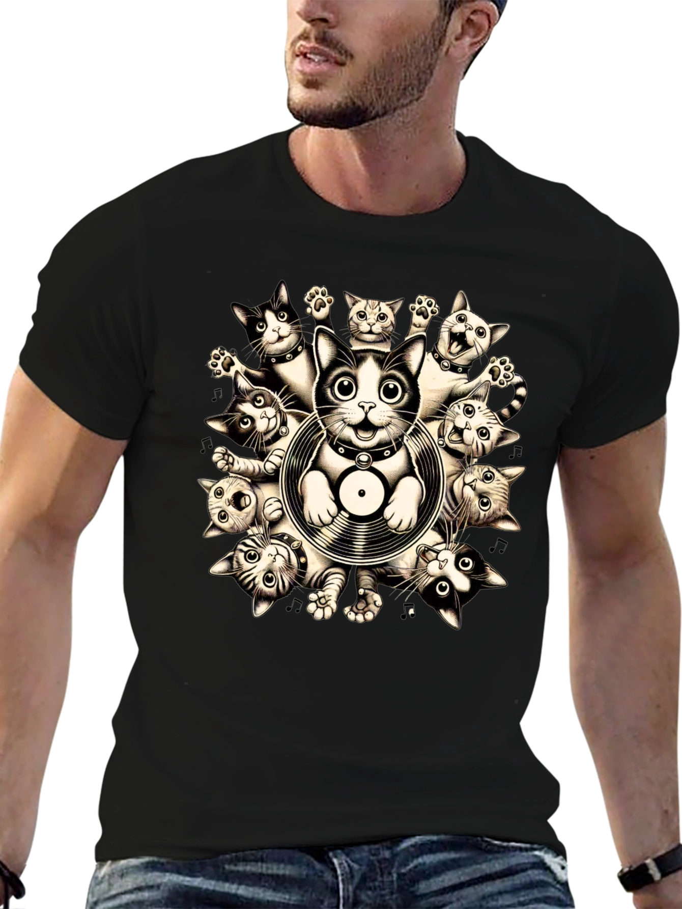 Cats and Vinyl Record Graphic T-Shirt