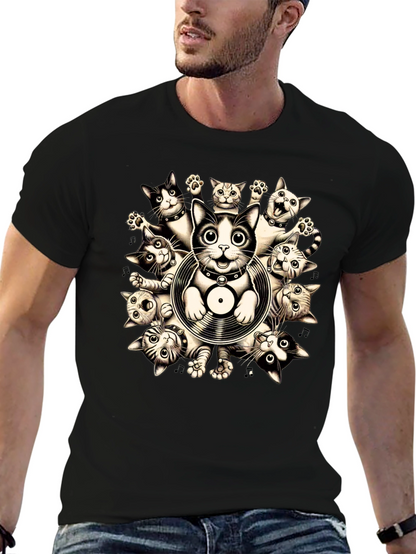 Cats and Vinyl Record Graphic T-Shirt