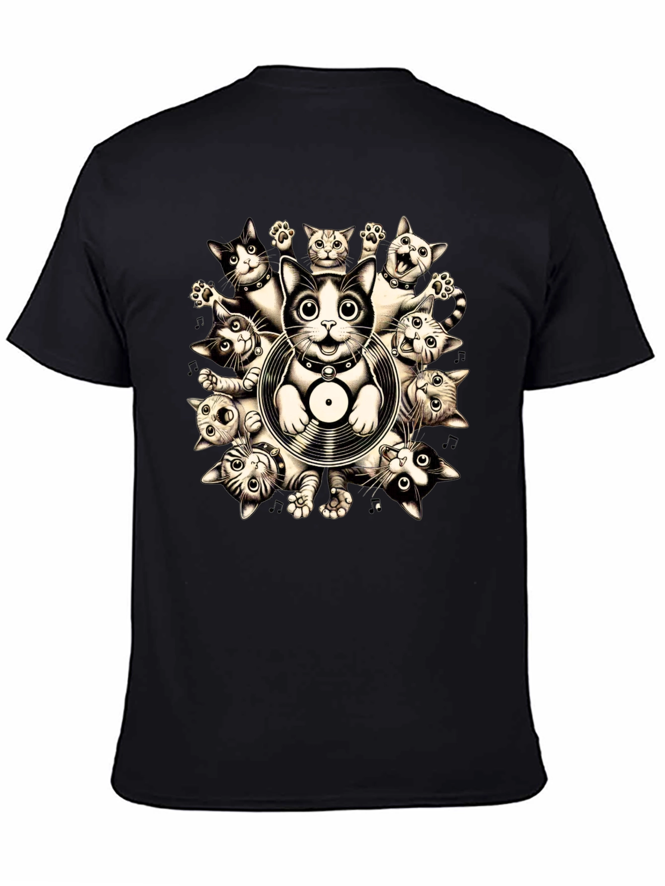 Cats and Vinyl Record Graphic T-Shirt
