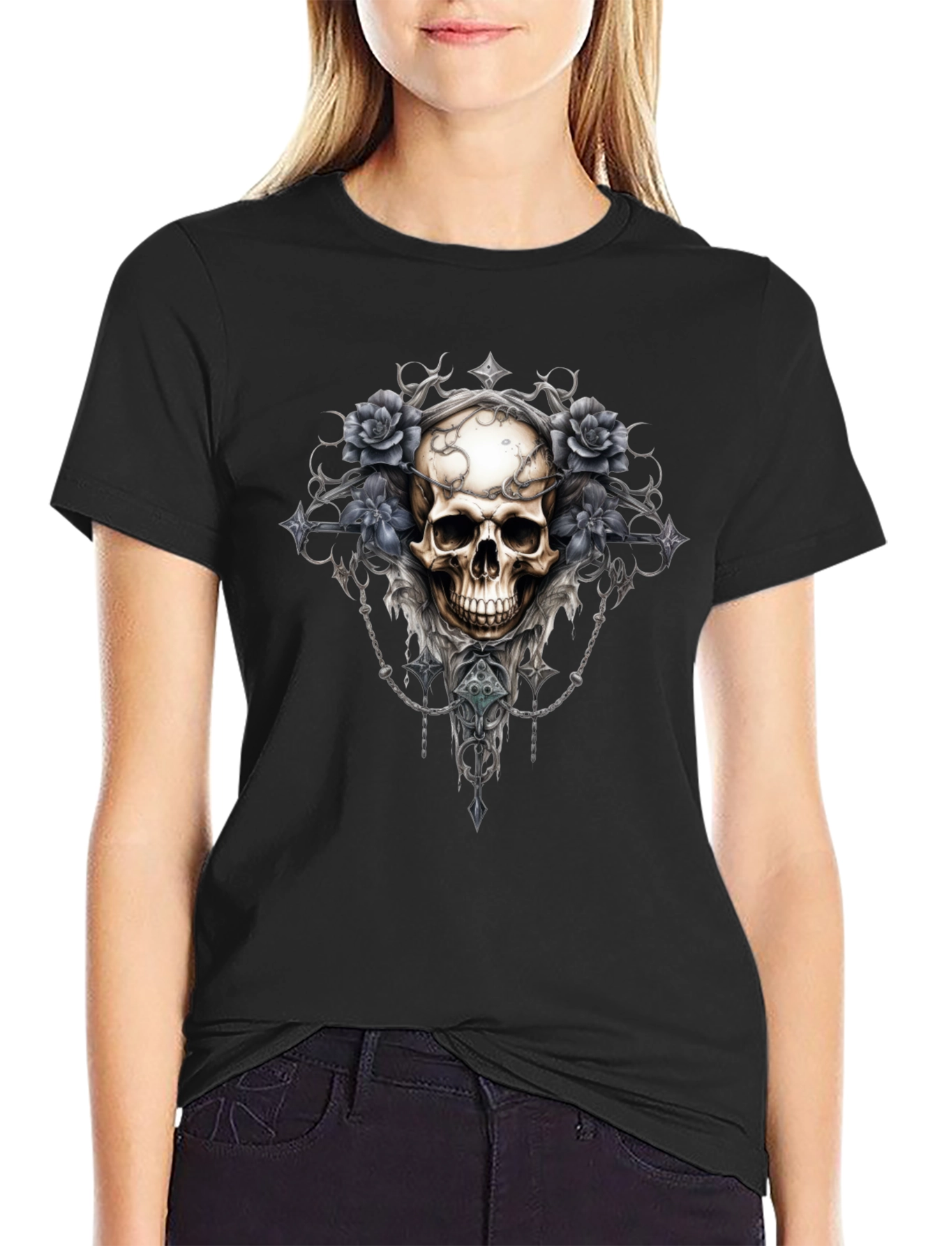 Skull & Roses Graphic Tee - Gothic Style