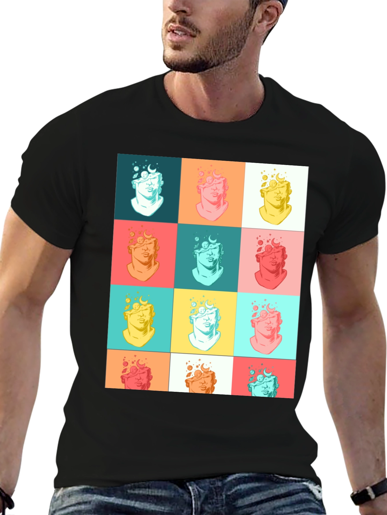 Pop Art Bust Graphic Black T-Shirt
