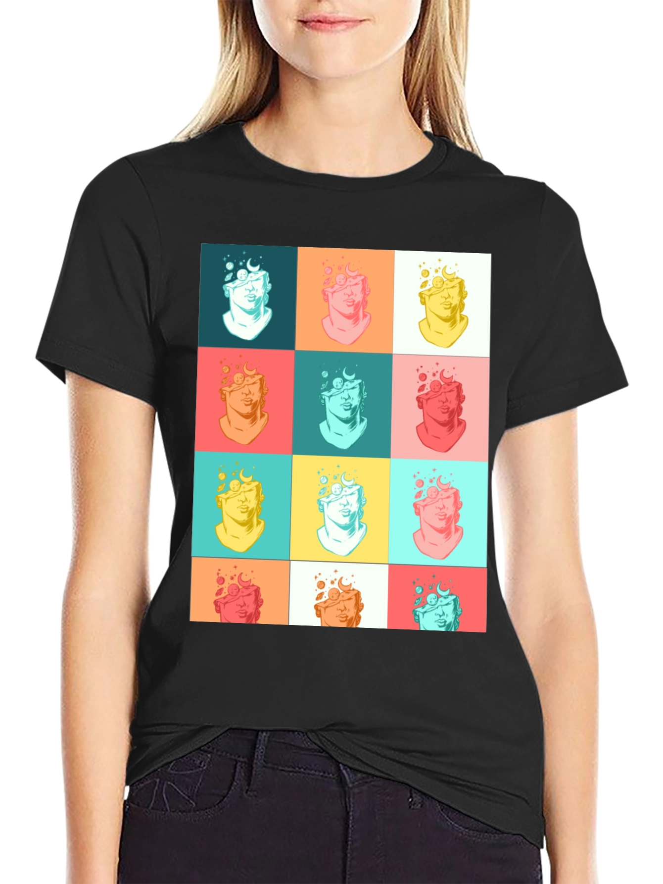 Pop Art Bust Graphic Black T-Shirt
