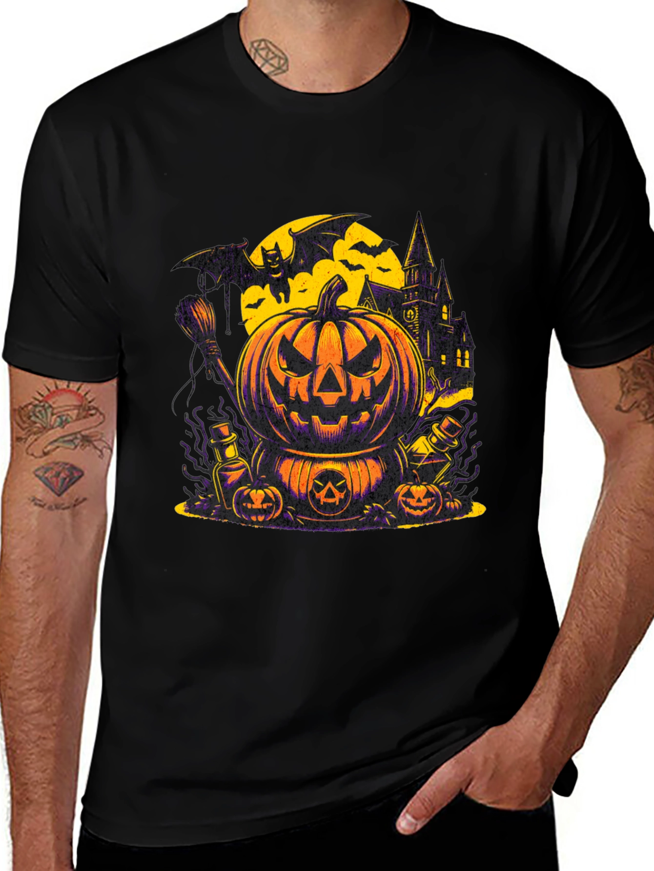 Halloween Pumpkin & Bat Graphic T-Shirt