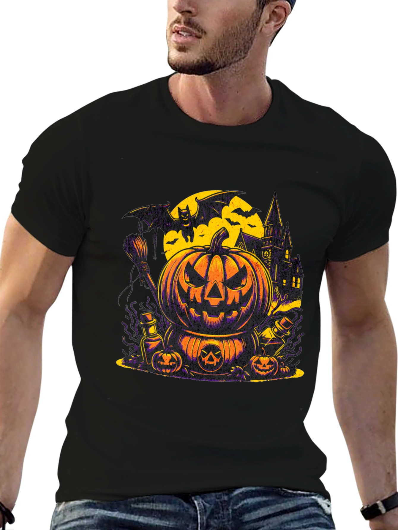 Halloween Pumpkin & Bat Graphic T-Shirt