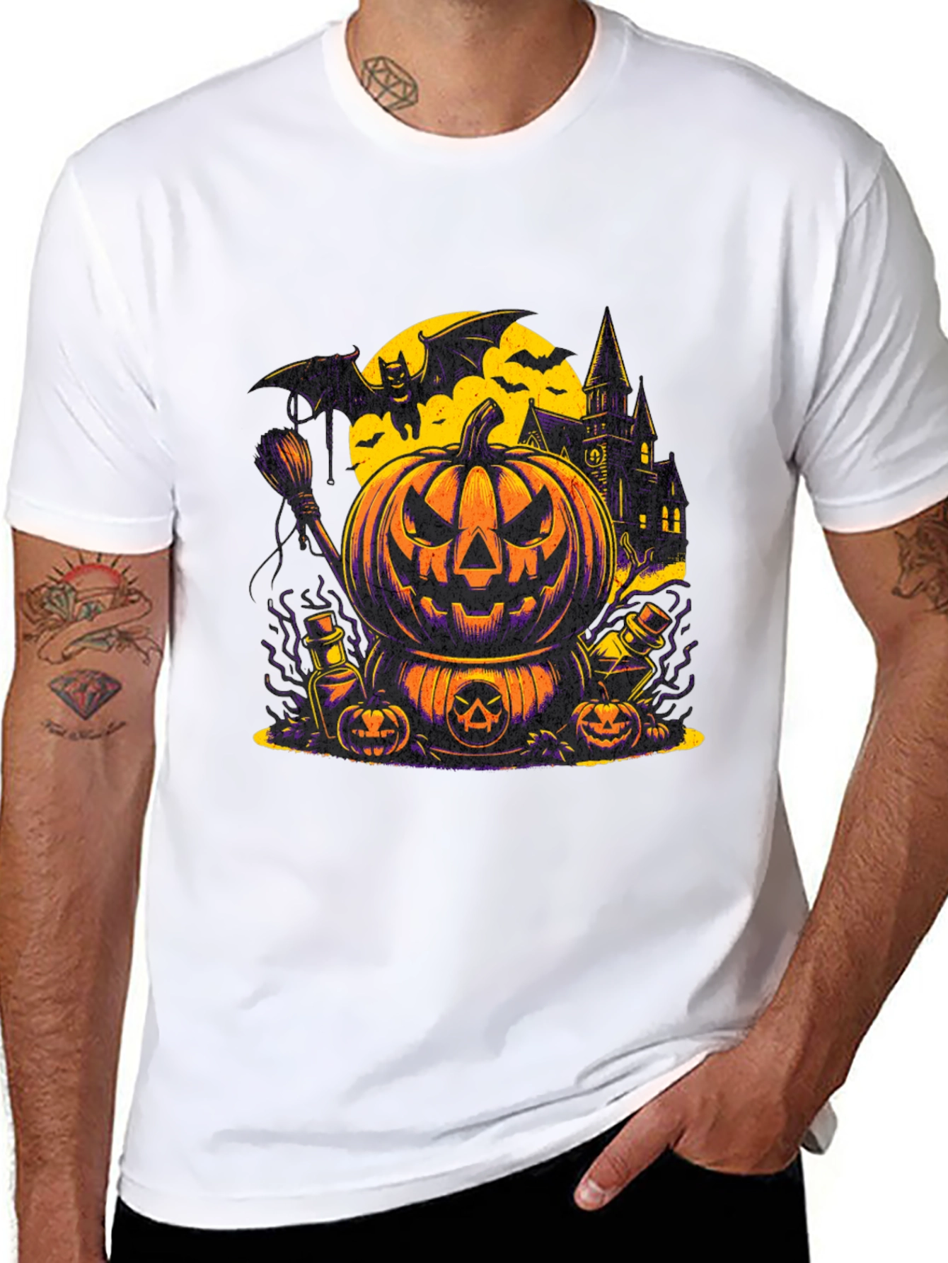 Halloween Pumpkin & Bat Graphic T-Shirt