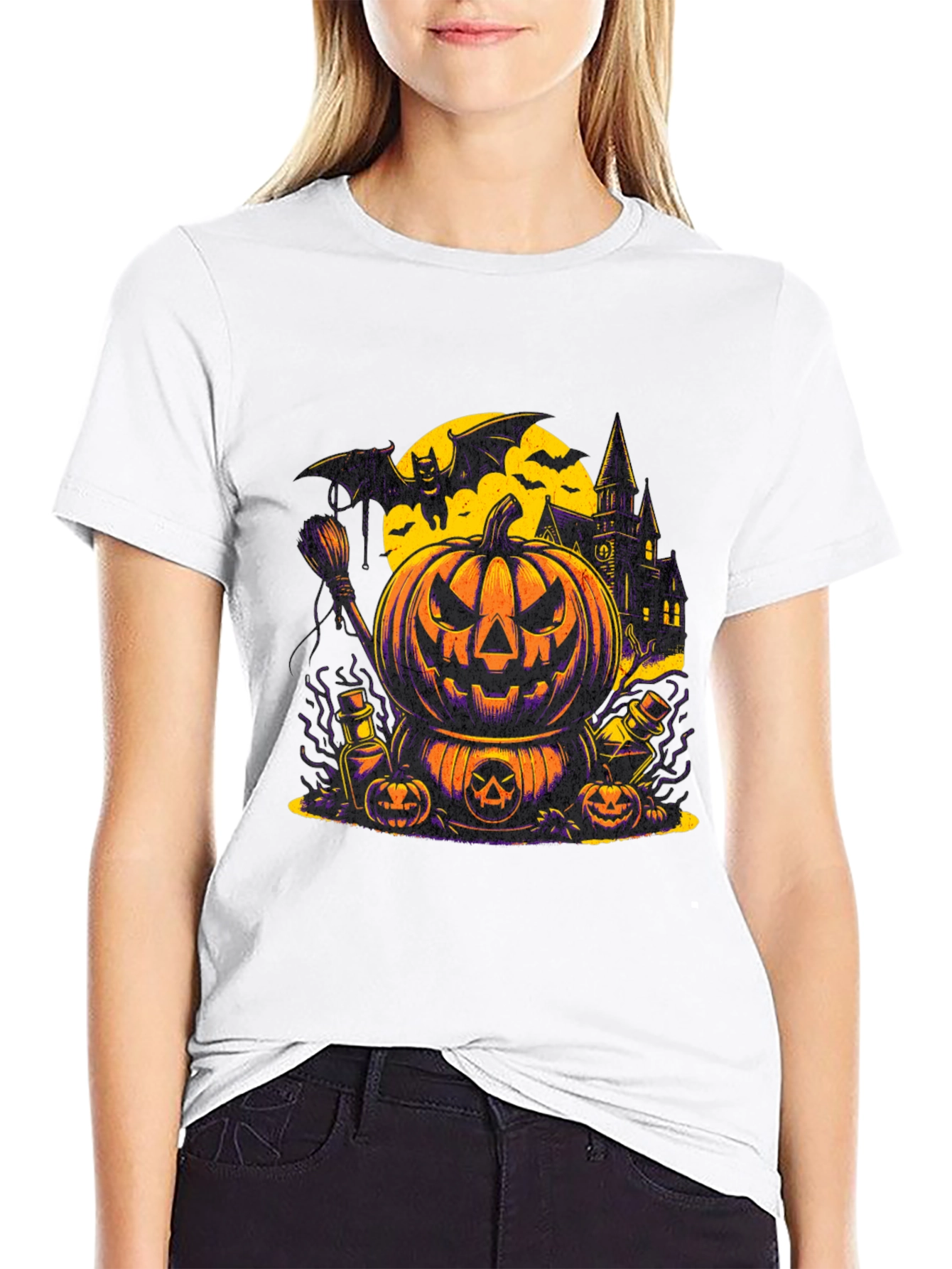 Halloween Pumpkin & Bat Graphic T-Shirt