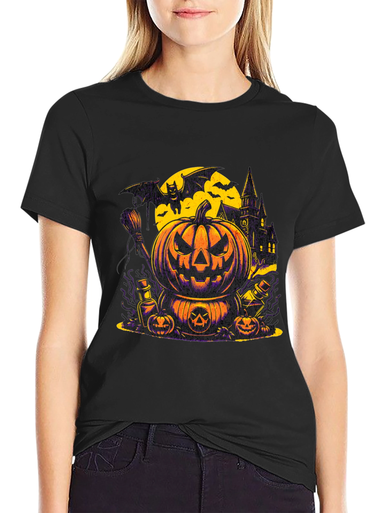 Halloween Pumpkin & Bat Graphic T-Shirt