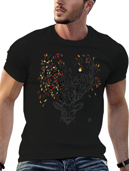 Deer & Autumn Leaves Graphic Tee - Black