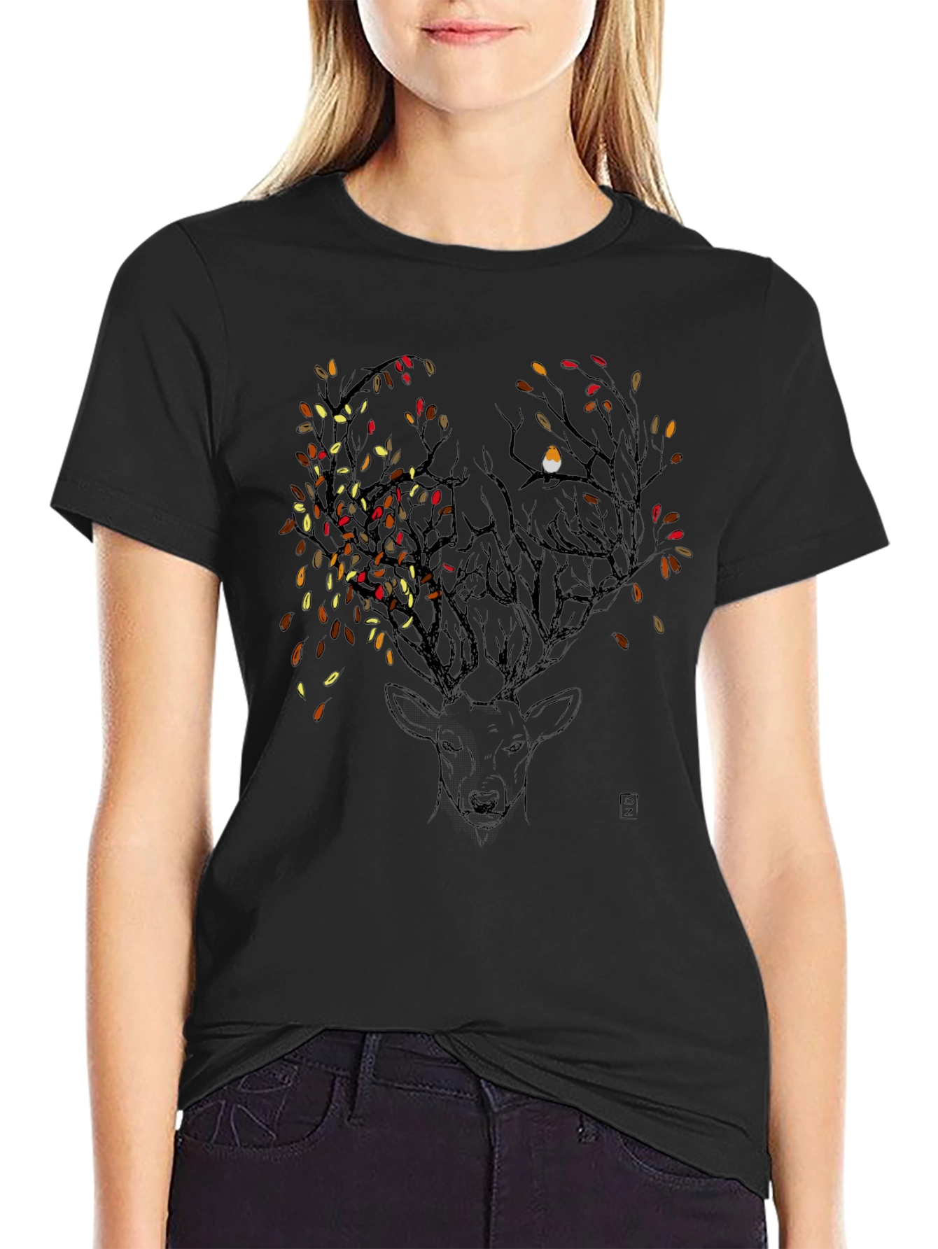 Deer & Autumn Leaves Graphic Tee - Black