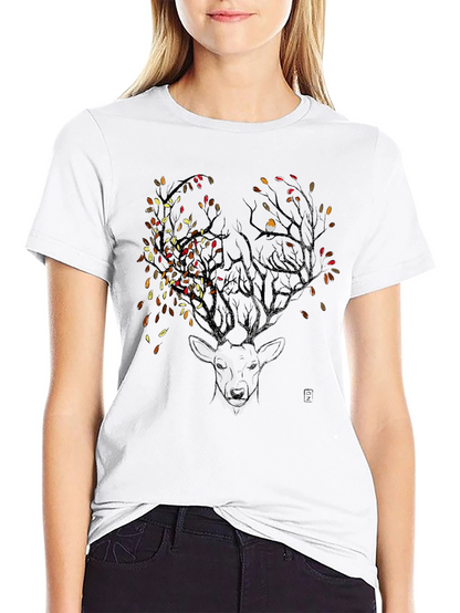 Deer & Autumn Leaves Graphic Tee - Black