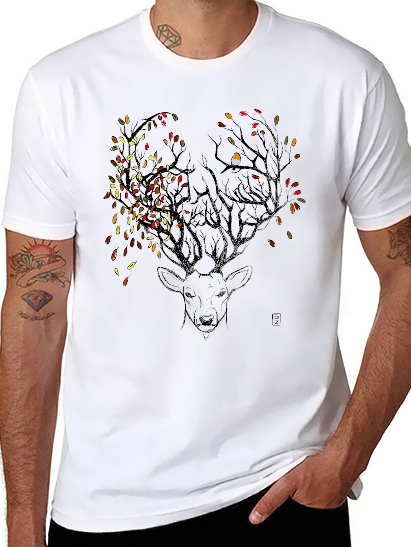 Deer & Autumn Leaves Graphic Tee - Black