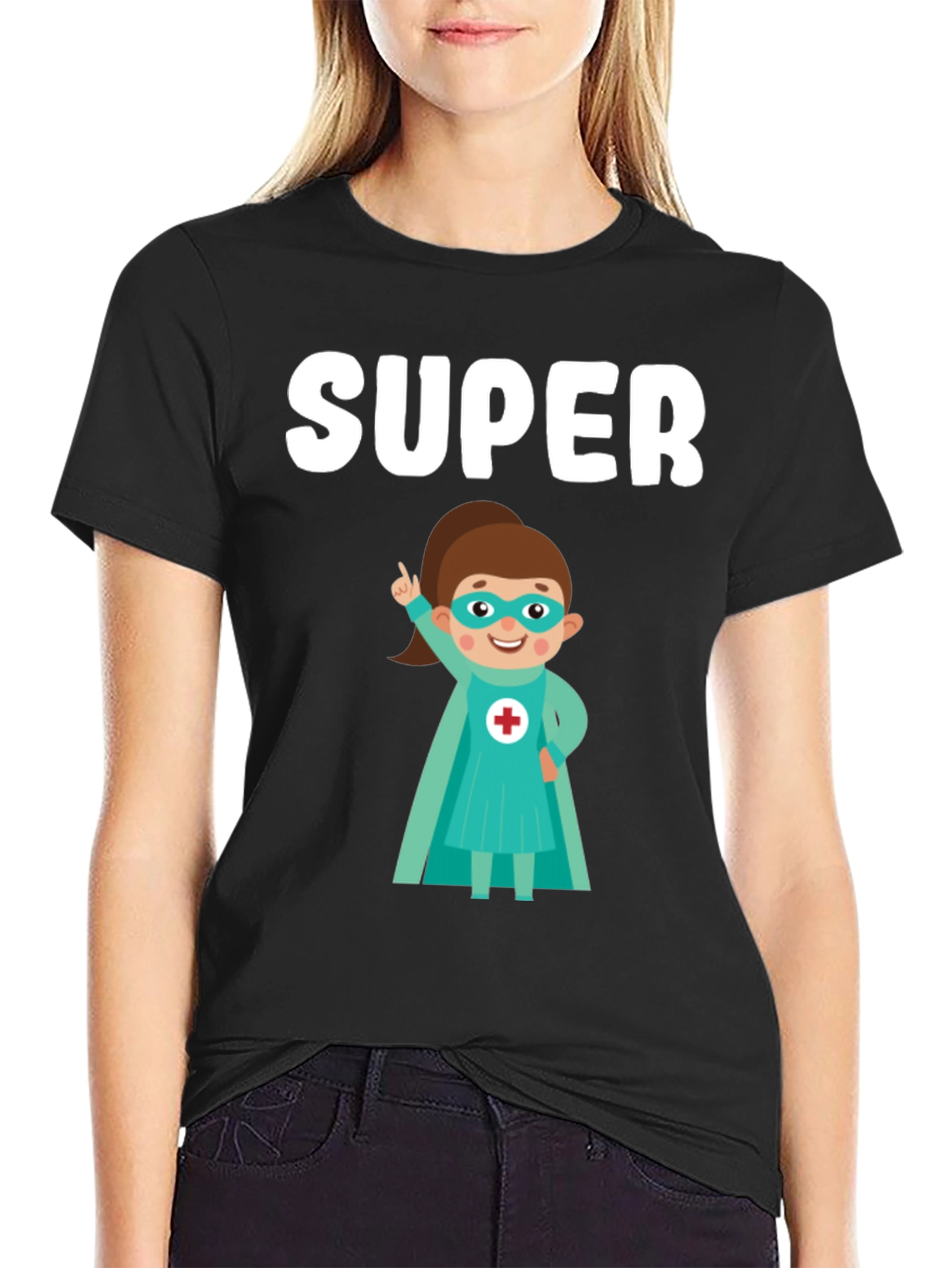 Super Nurse Cartoon T-Shirt - Black