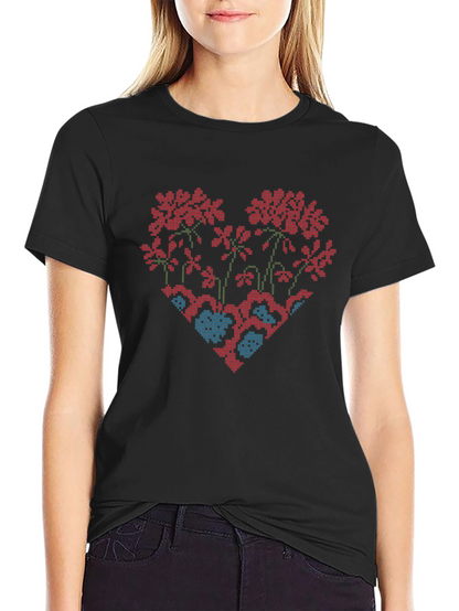 Floral Heart Cross-Stitch Design Black T-Shirt