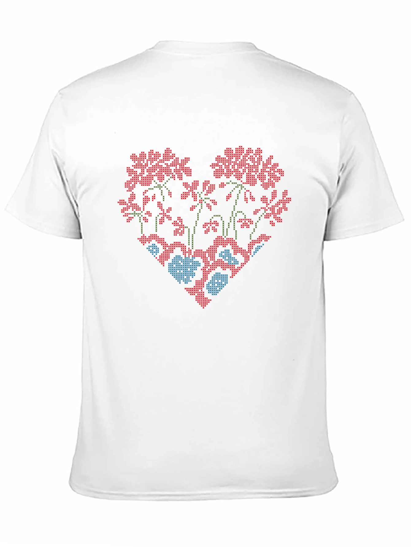 Floral Heart Cross-Stitch Design Black T-Shirt