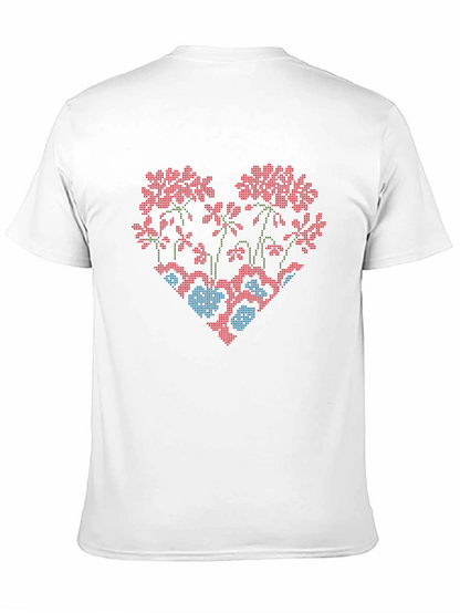 Floral Heart Cross-Stitch Design Black T-Shirt