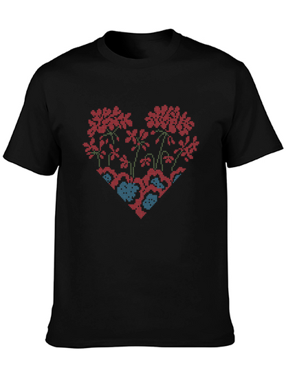 Floral Heart Cross-Stitch Design Black T-Shirt