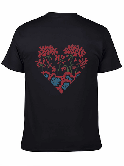 Floral Heart Cross-Stitch Design Black T-Shirt