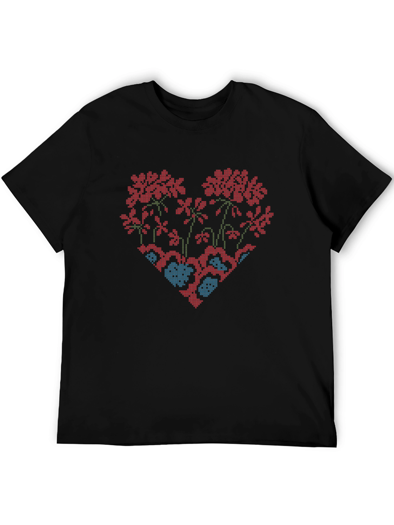 Floral Heart Cross-Stitch Design Black T-Shirt