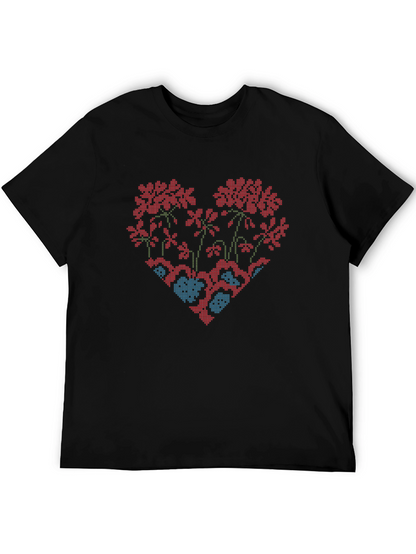Floral Heart Cross-Stitch Design Black T-Shirt