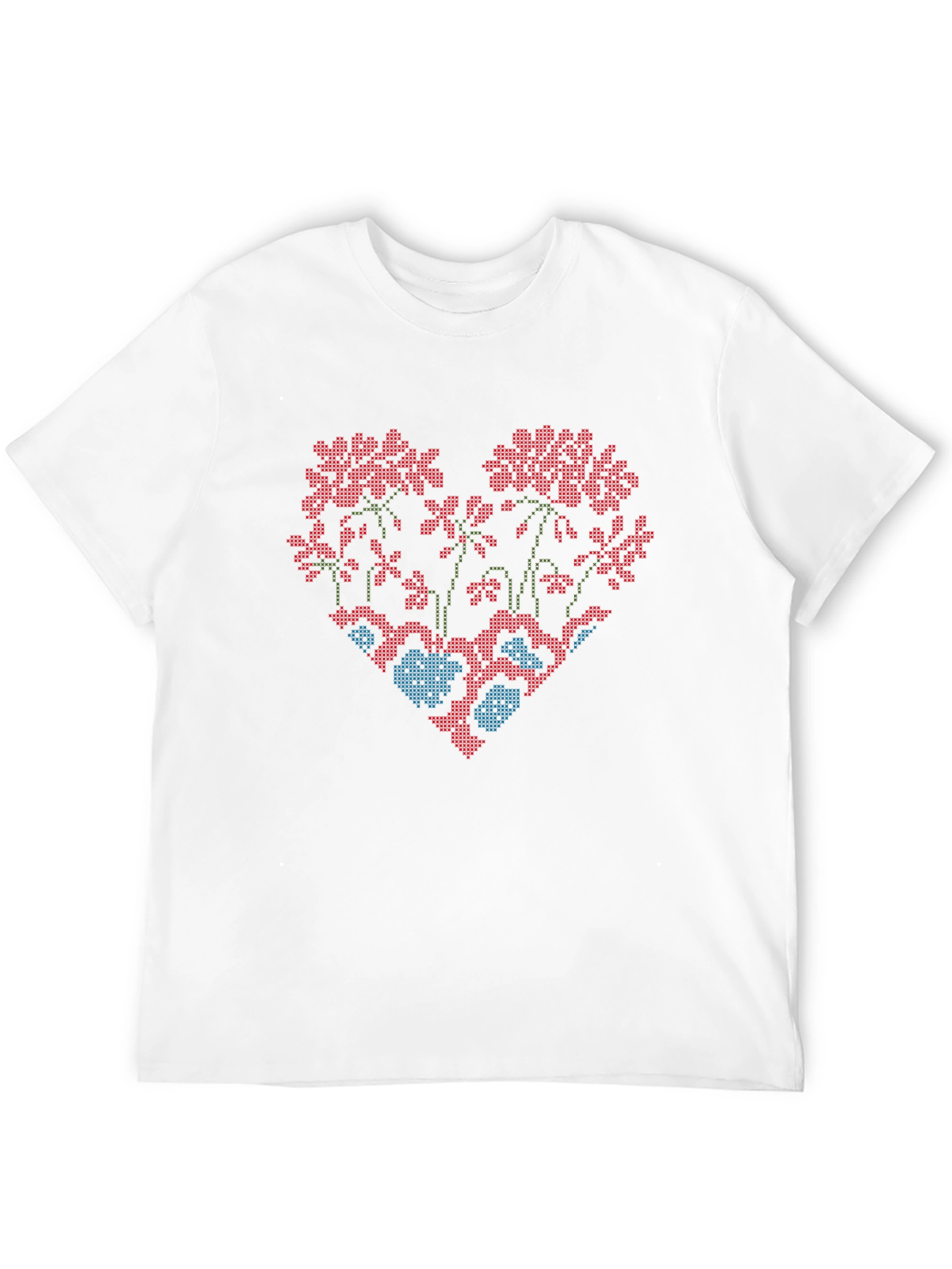 Floral Heart Cross-Stitch Design Black T-Shirt